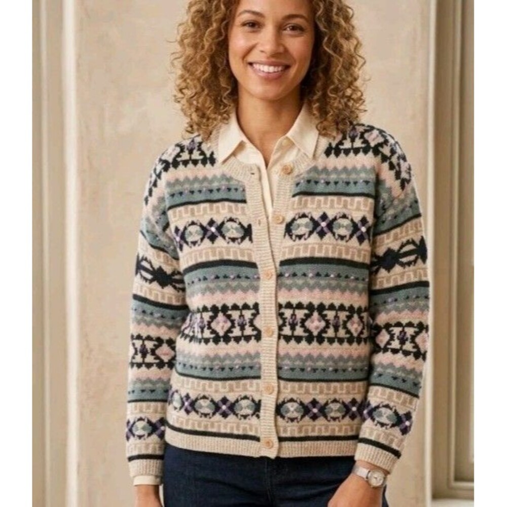 Paul Harris Design Sweater M Button Heavy Knit Floral Embroidery Padded Shouldes